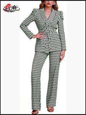 Polyester Two-Piece Pant Suit with Blazer and Wide Leg Pants